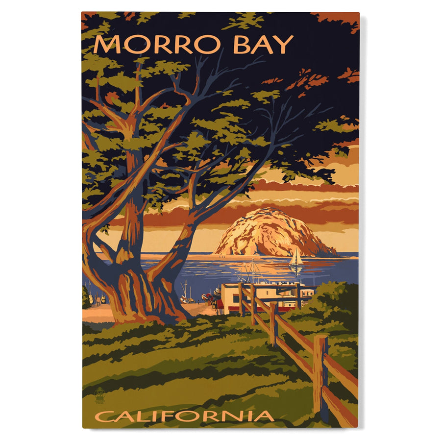 Morro Bay, California, Town View with Morro Rock, Lantern Press Artwork, Wood Signs and Postcards Wood Lantern Press 