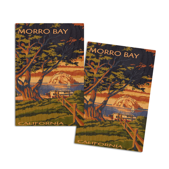 Morro Bay, California, Town View with Morro Rock, Lantern Press Artwork, Wood Signs and Postcards Wood Lantern Press 4x6 Wood Postcard Set 