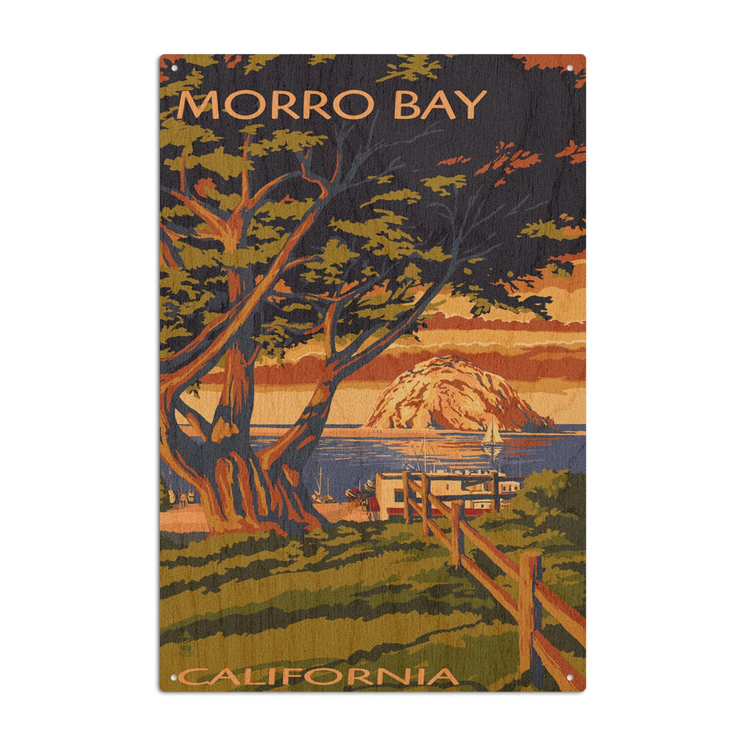Morro Bay, California, Town View with Morro Rock, Lantern Press Artwork, Wood Signs and Postcards Wood Lantern Press 6x9 Wood Sign 