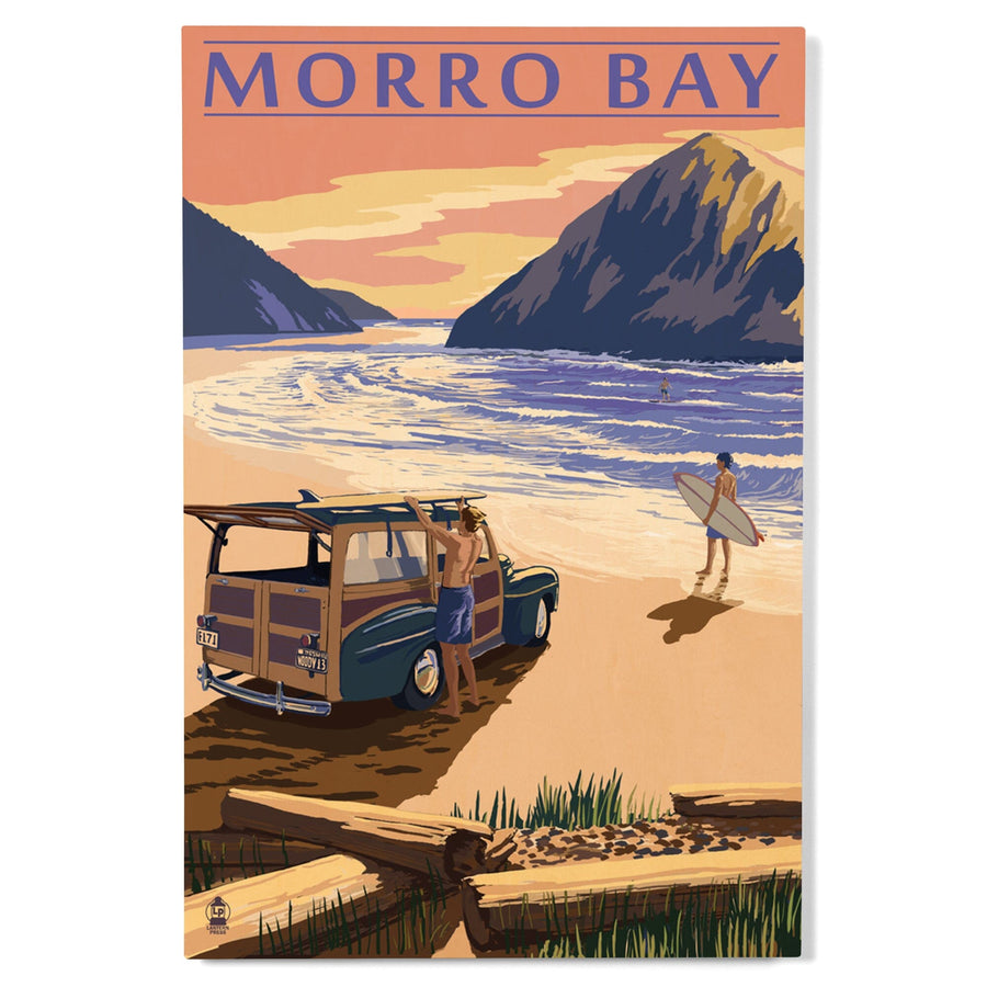 Morro Bay, California, Woody on Beach with Surfer, Lantern Press Artwork, Wood Signs and Postcards Wood Lantern Press 