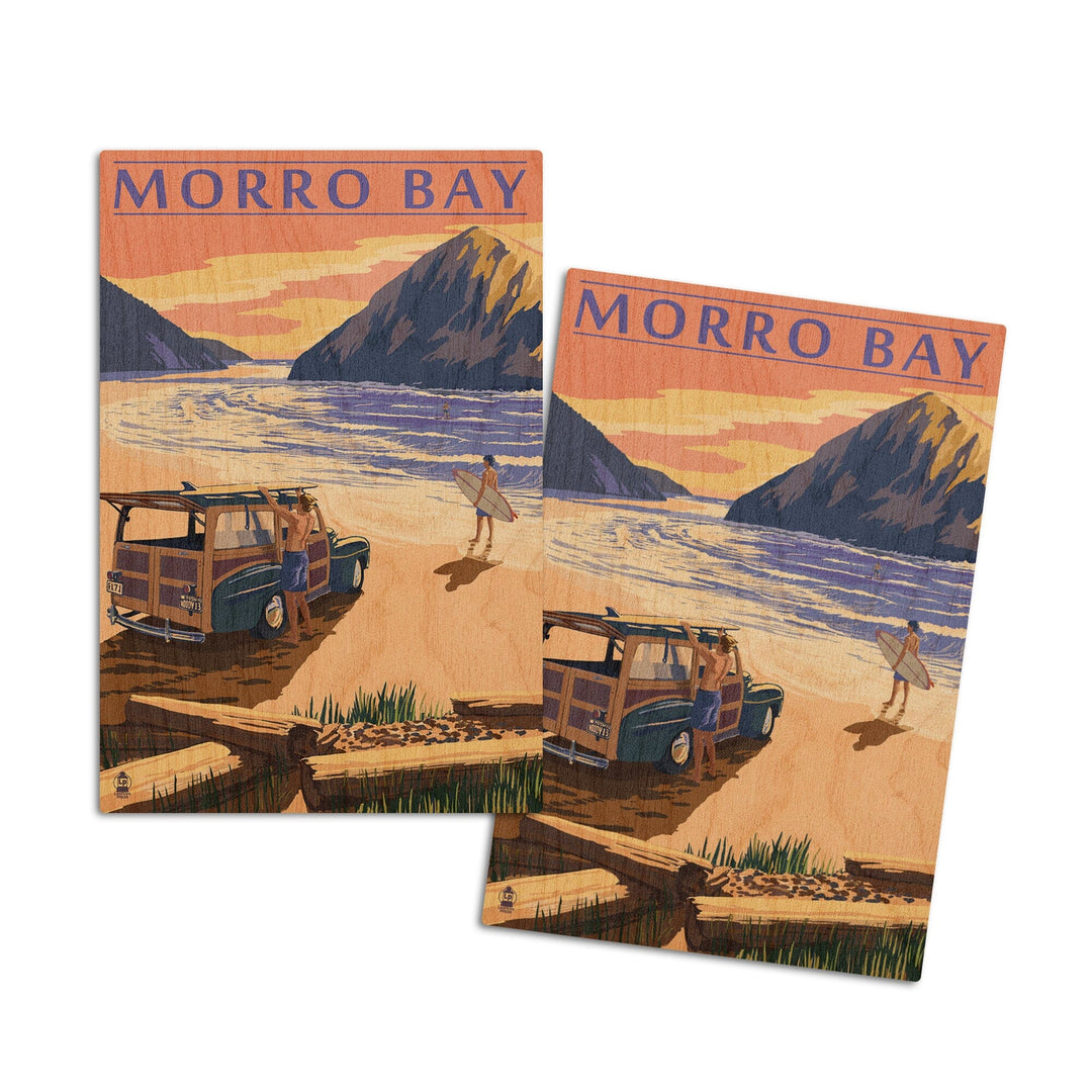 Morro Bay, California, Woody on Beach with Surfer, Lantern Press Artwork, Wood Signs and Postcards Wood Lantern Press 4x6 Wood Postcard Set 