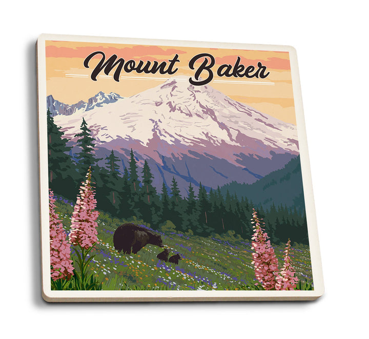 Mount Baker, Washington, Bears & Spring Flowers, Lantern Press Artwork, Coaster Set Coasters Lantern Press 