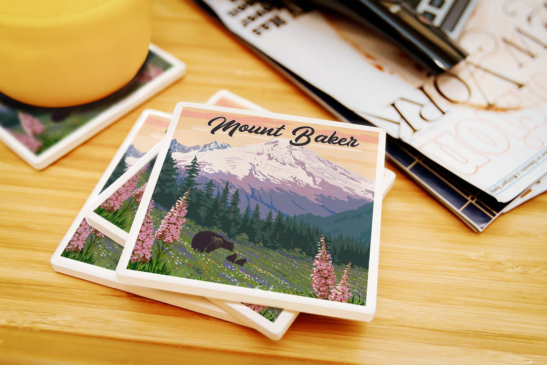 Mount Baker, Washington, Bears & Spring Flowers, Lantern Press Artwork, Coaster Set Coasters Lantern Press 