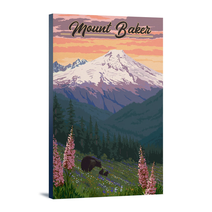 Mount Baker, Washington, Bears & Spring Flowers, Lantern Press Artwork, Stretched Canvas Canvas Lantern Press 12x18 Stretched Canvas 