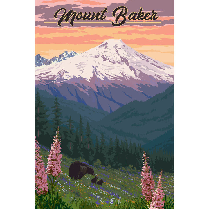 Mount Baker, Washington, Bears & Spring Flowers, Lantern Press Artwork, Stretched Canvas Canvas Lantern Press 