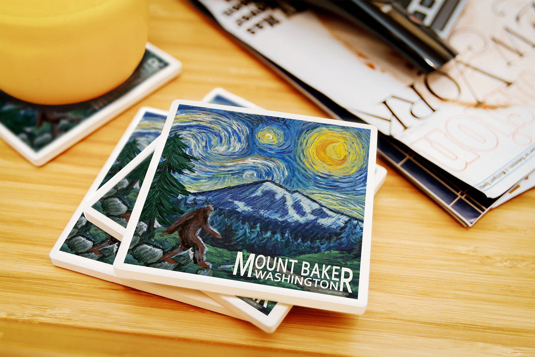 Mount Baker, Washington, Bigfoot, Starry Night, Lantern Press Artwork, Coaster Set Coasters Lantern Press 