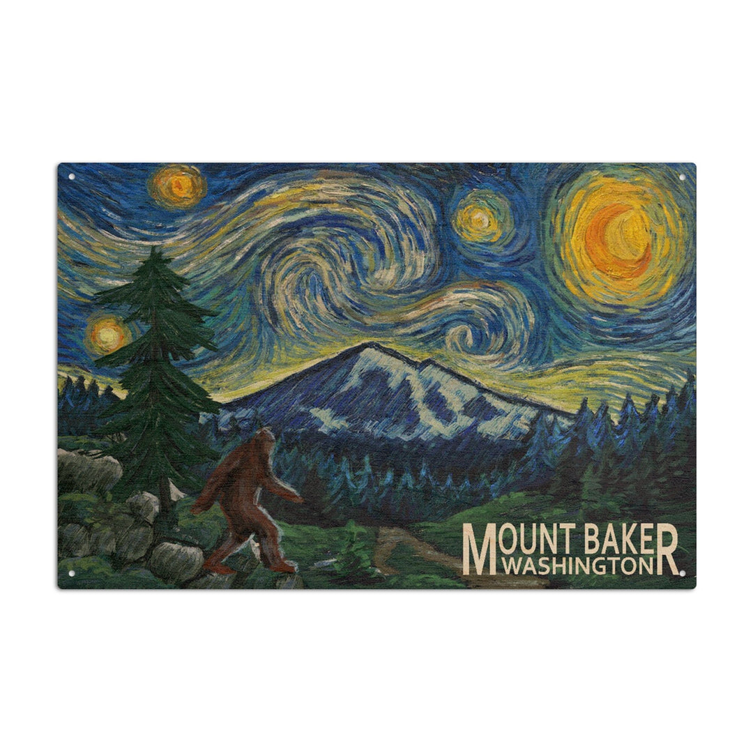 Mount Baker, Washington, Bigfoot, Starry Night, Lantern Press Artwork, Wood Signs and Postcards Wood Lantern Press 10 x 15 Wood Sign 
