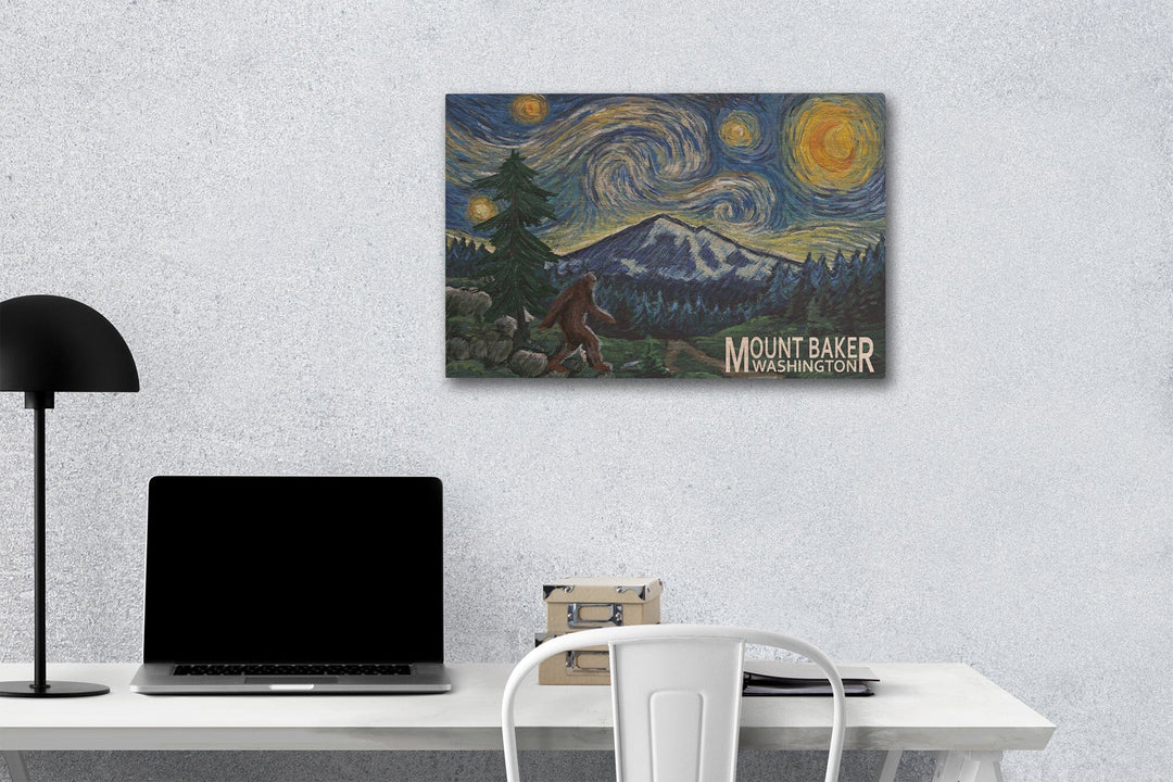 Mount Baker, Washington, Bigfoot, Starry Night, Lantern Press Artwork, Wood Signs and Postcards Wood Lantern Press 12 x 18 Wood Gallery Print 