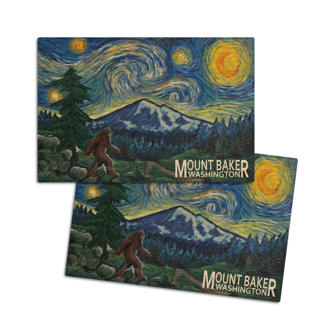 Mount Baker, Washington, Bigfoot, Starry Night, Lantern Press Artwork, Wood Signs and Postcards Wood Lantern Press 4x6 Wood Postcard Set 