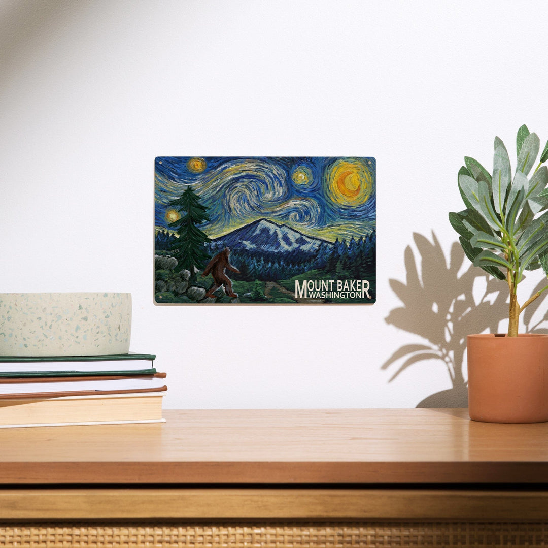 Mount Baker, Washington, Bigfoot, Starry Night, Lantern Press Artwork, Wood Signs and Postcards Wood Lantern Press 
