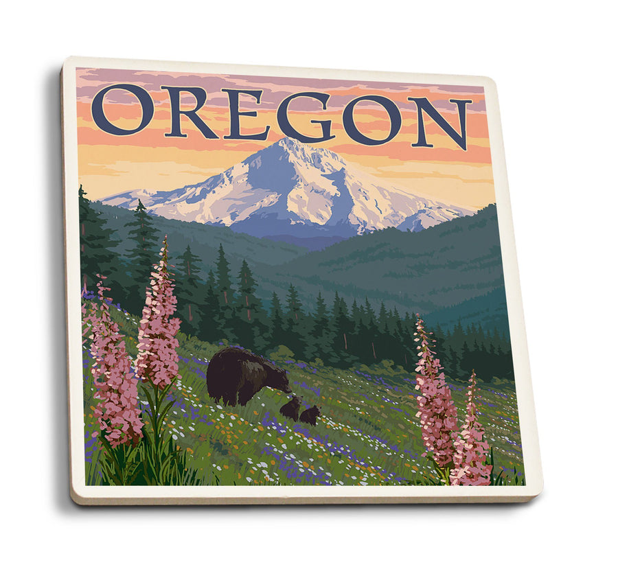 Mount Hood, Oregon, Bear Family & Spring Flowers, Lantern Press Artwork, Coaster Set Coasters Lantern Press 