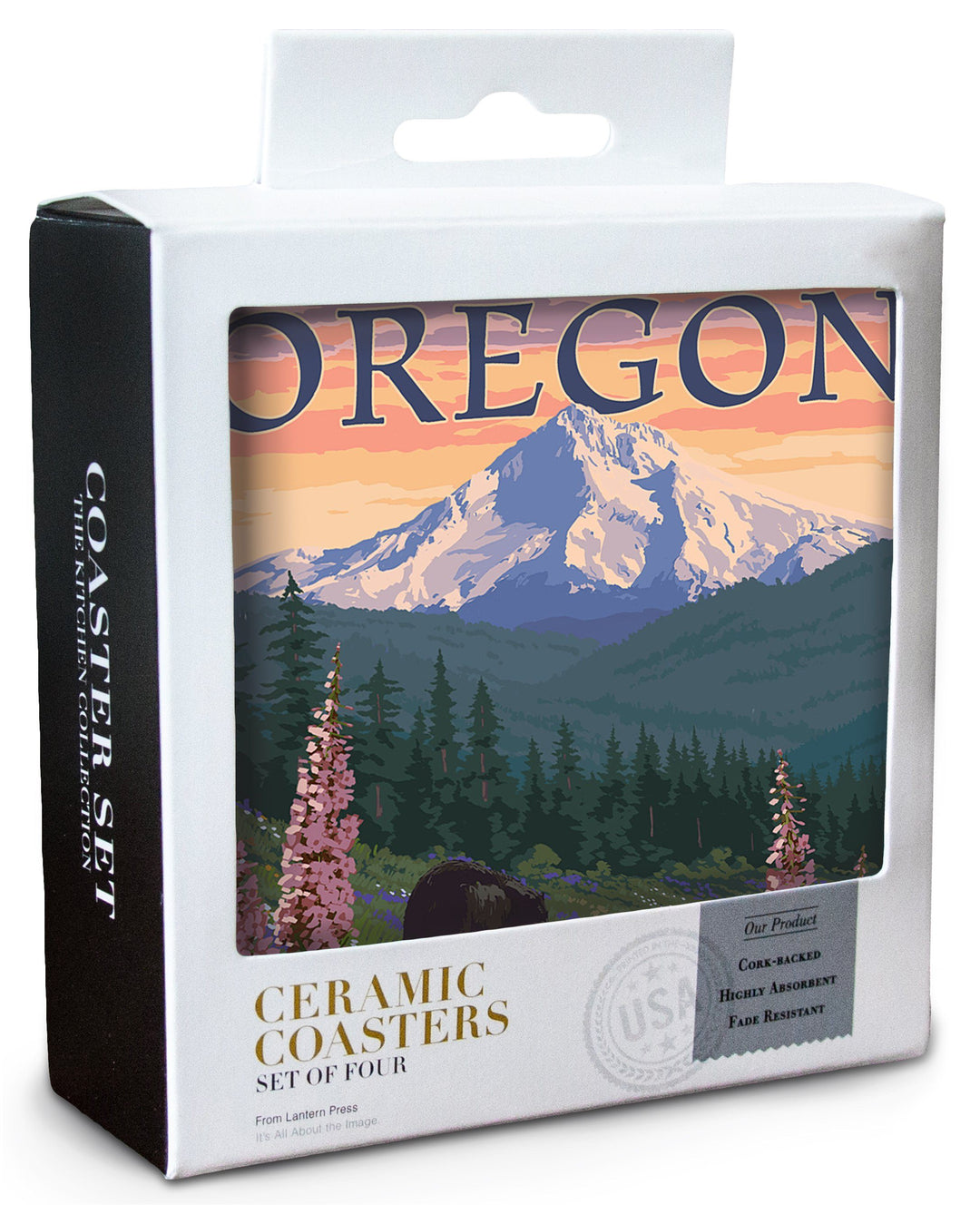 Mount Hood, Oregon, Bear Family & Spring Flowers, Lantern Press Artwork, Coaster Set Coasters Lantern Press 