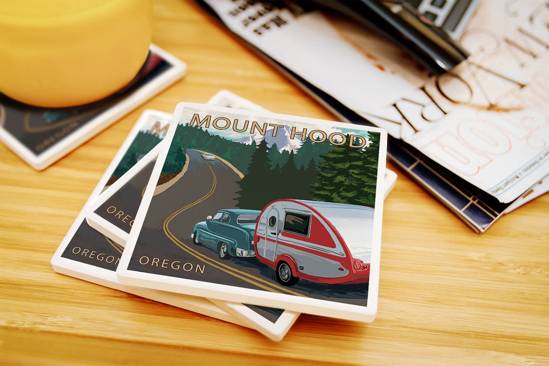 Mount Hood, Oregon, Retro Camper on Road, Lantern Press Artwork, Coaster Set Coasters Lantern Press 