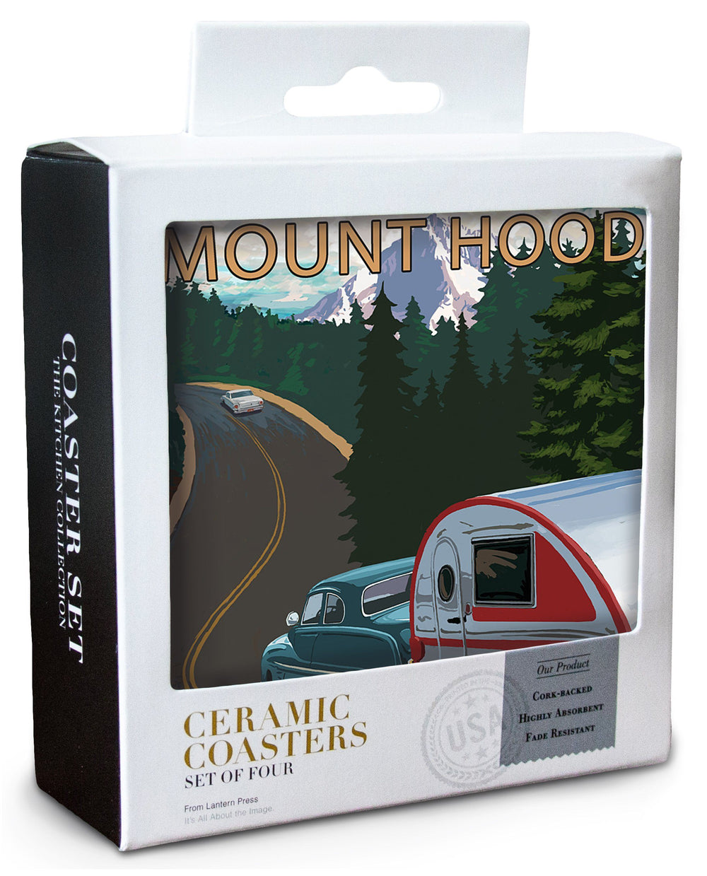 Mount Hood, Oregon, Retro Camper on Road, Lantern Press Artwork, Coaster Set Coasters Lantern Press 