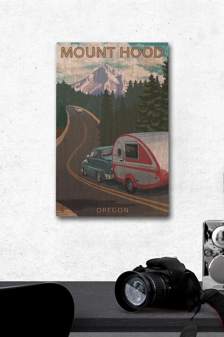 Mount Hood, Oregon, Retro Camper on Road, Lantern Press Artwork, Wood Signs and Postcards Wood Lantern Press 12 x 18 Wood Gallery Print 