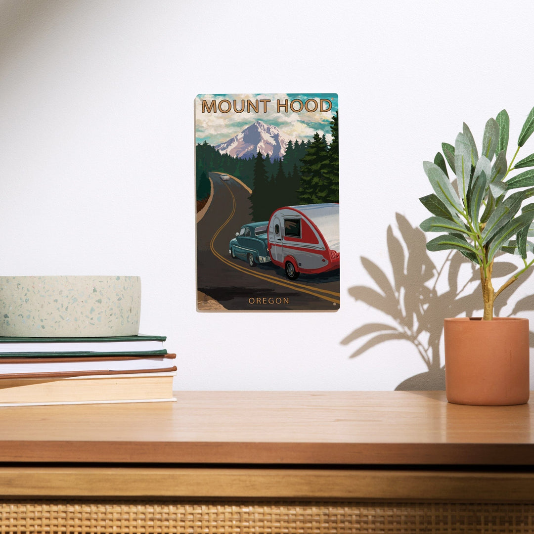 Mount Hood, Oregon, Retro Camper on Road, Lantern Press Artwork, Wood Signs and Postcards Wood Lantern Press 