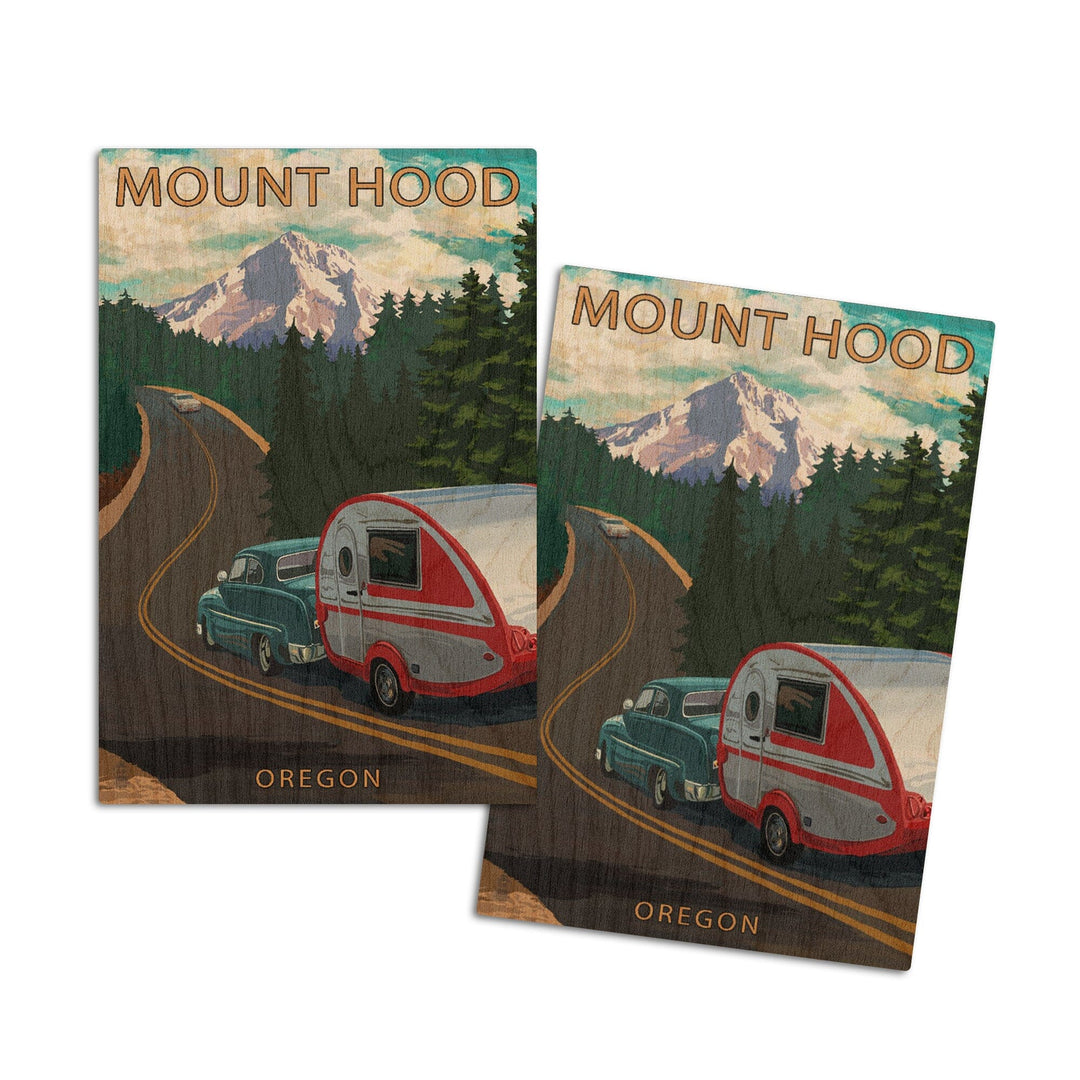 Mount Hood, Oregon, Retro Camper on Road, Lantern Press Artwork, Wood Signs and Postcards Wood Lantern Press 4x6 Wood Postcard Set 