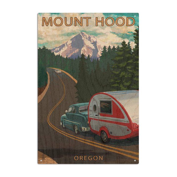 Mount Hood, Oregon, Retro Camper on Road, Lantern Press Artwork, Wood Signs and Postcards Wood Lantern Press 6x9 Wood Sign 
