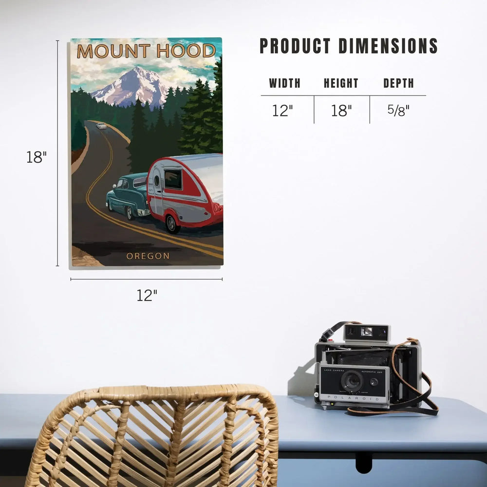 Mount Hood, Oregon, Retro Camper on Road, Lantern Press Artwork, Wood Signs and Postcards Wood Lantern Press 