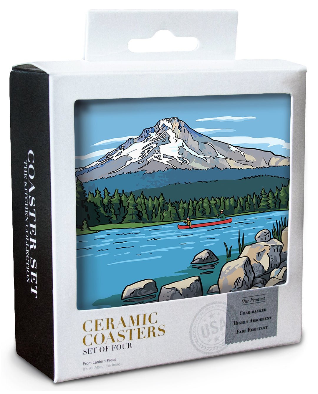 Mount Hood, Oregon, River & Mountain, Line Drawing, Lantern Press Artwork, Coaster Set Coasters Lantern Press 