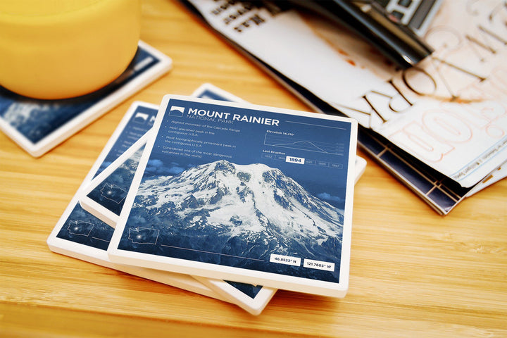 Mount Rainier National Park, Washington, Aerial View, Infographic, Lantern Press Artwork, Coaster Set Coasters Lantern Press 