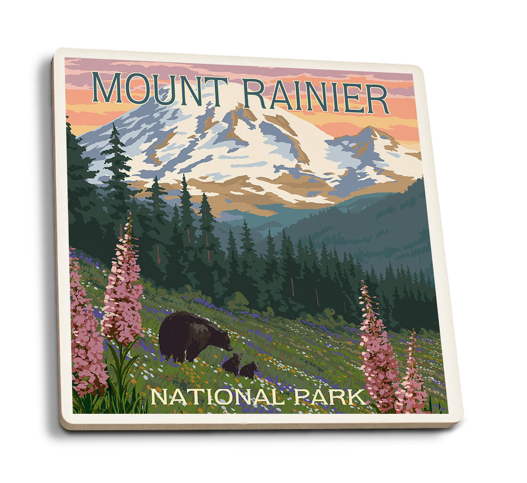 Mount Rainier National Park, Washington, Bear & Spring Flowers, Lantern Press Artwork, Coaster Set Coasters Lantern Press 