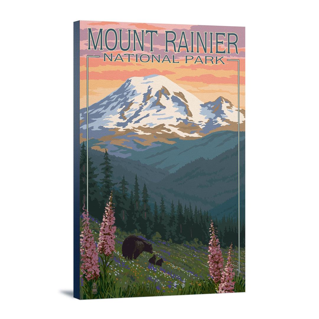 Mount Rainier National Park, Washington, Bear & Spring Flowers, Lantern Press Artwork, Stretched Canvas Canvas Lantern Press 12x18 Stretched Canvas 
