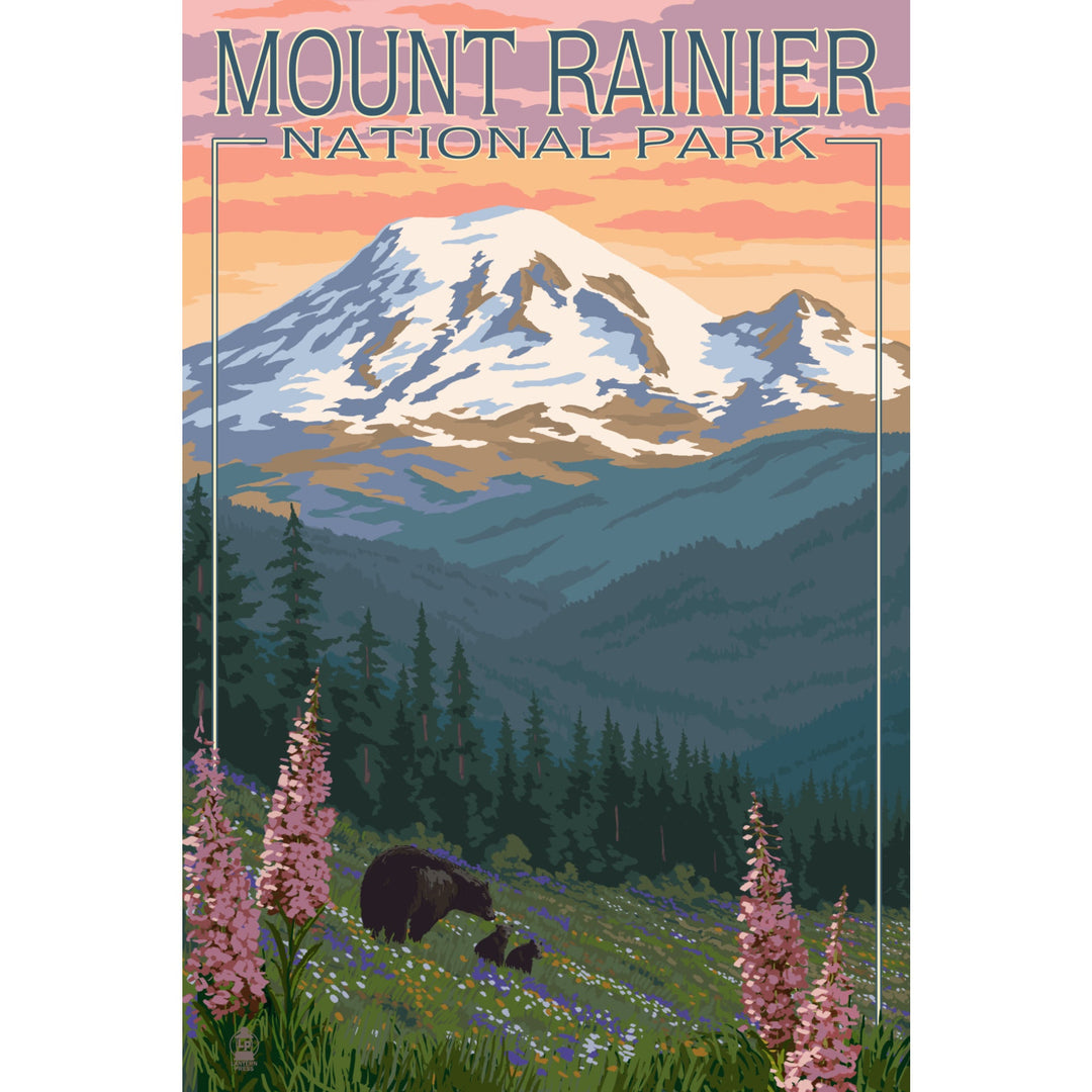Mount Rainier National Park, Washington, Bear & Spring Flowers, Lantern Press Artwork, Stretched Canvas Canvas Lantern Press 