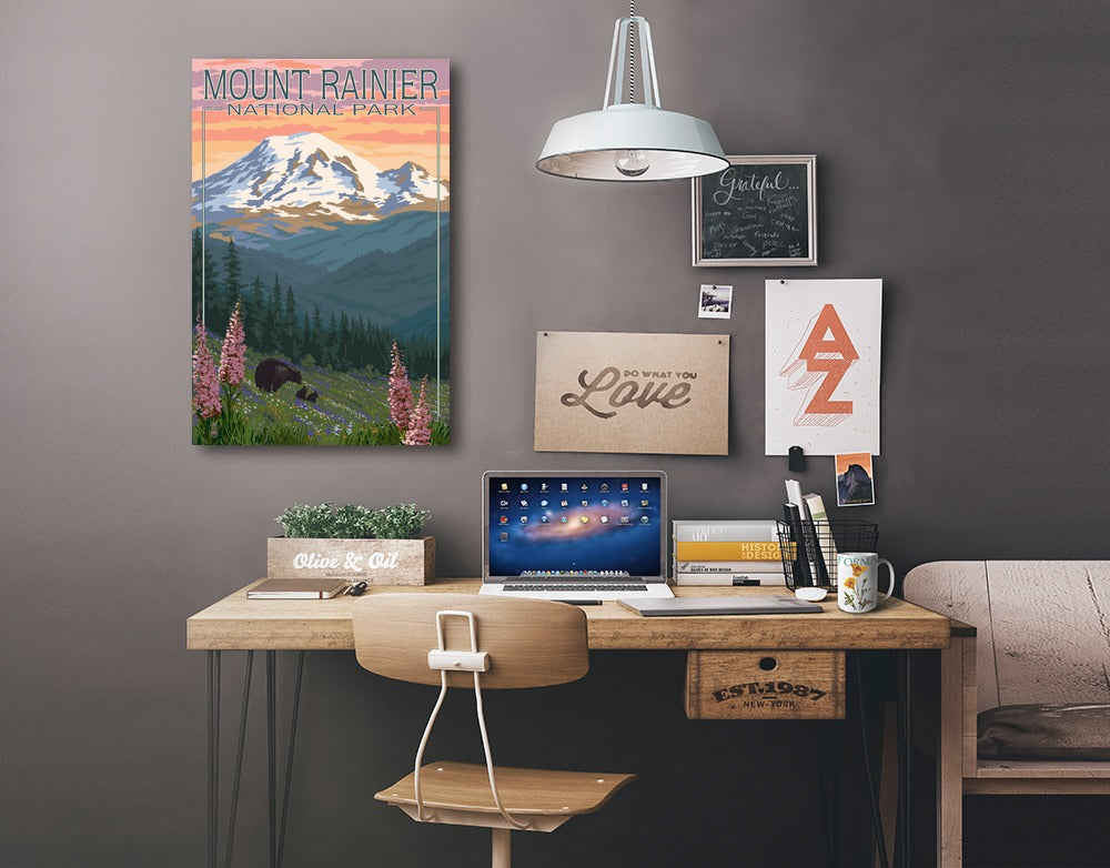 Mount Rainier National Park, Washington, Bear & Spring Flowers, Lantern Press Artwork, Stretched Canvas Canvas Lantern Press 