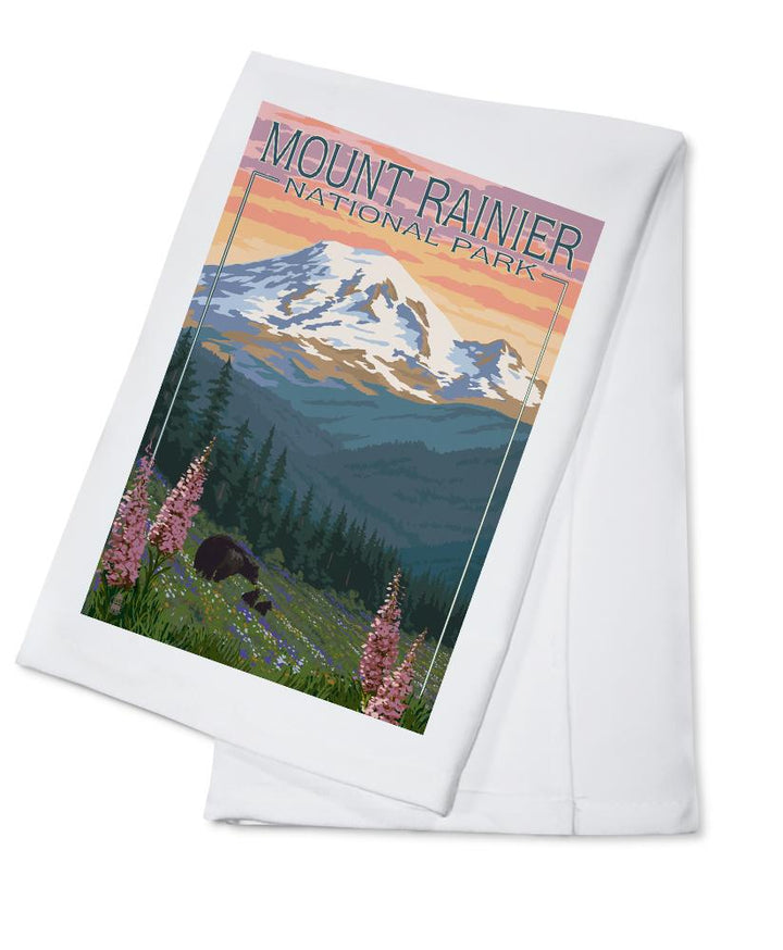 Mount Rainier National Park, Washington, Bear & Spring Flowers, Lantern Press Artwork, Towels and Aprons Kitchen Lantern Press Cotton Towel 
