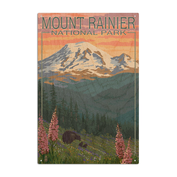 Mount Rainier National Park, Washington, Bear & Spring Flowers, Lantern Press Artwork, Wood Signs and Postcards Wood Lantern Press 10 x 15 Wood Sign 