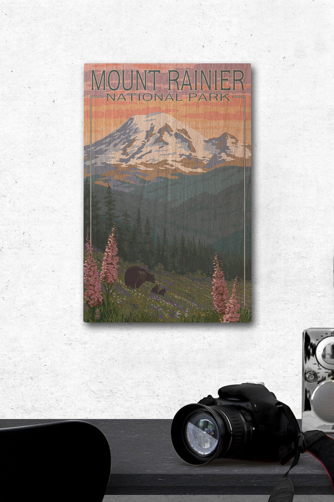Mount Rainier National Park, Washington, Bear & Spring Flowers, Lantern Press Artwork, Wood Signs and Postcards Wood Lantern Press 12 x 18 Wood Gallery Print 