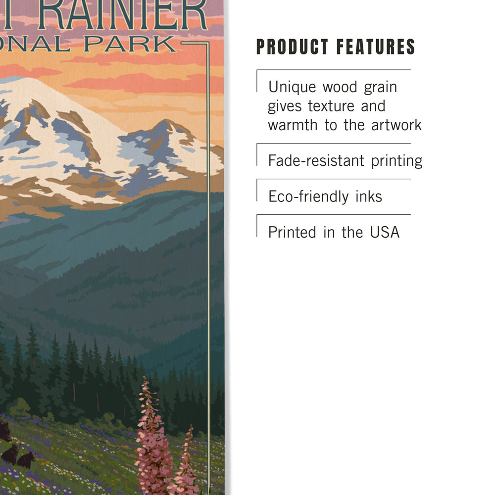 Mount Rainier National Park, Washington, Bear & Spring Flowers, Lantern Press Artwork, Wood Signs and Postcards Wood Lantern Press 
