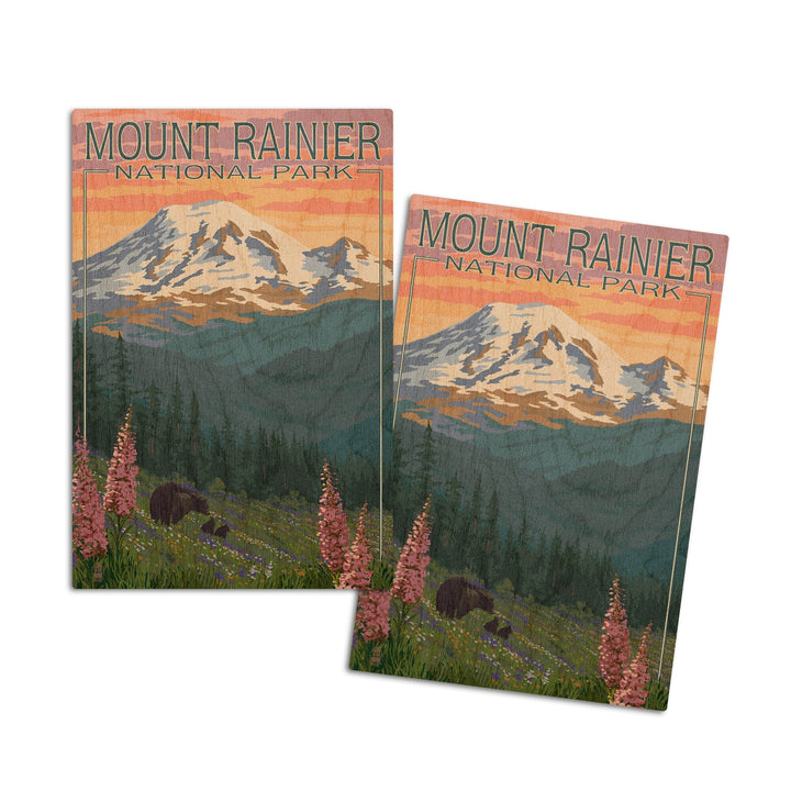 Mount Rainier National Park, Washington, Bear & Spring Flowers, Lantern Press Artwork, Wood Signs and Postcards Wood Lantern Press 4x6 Wood Postcard Set 