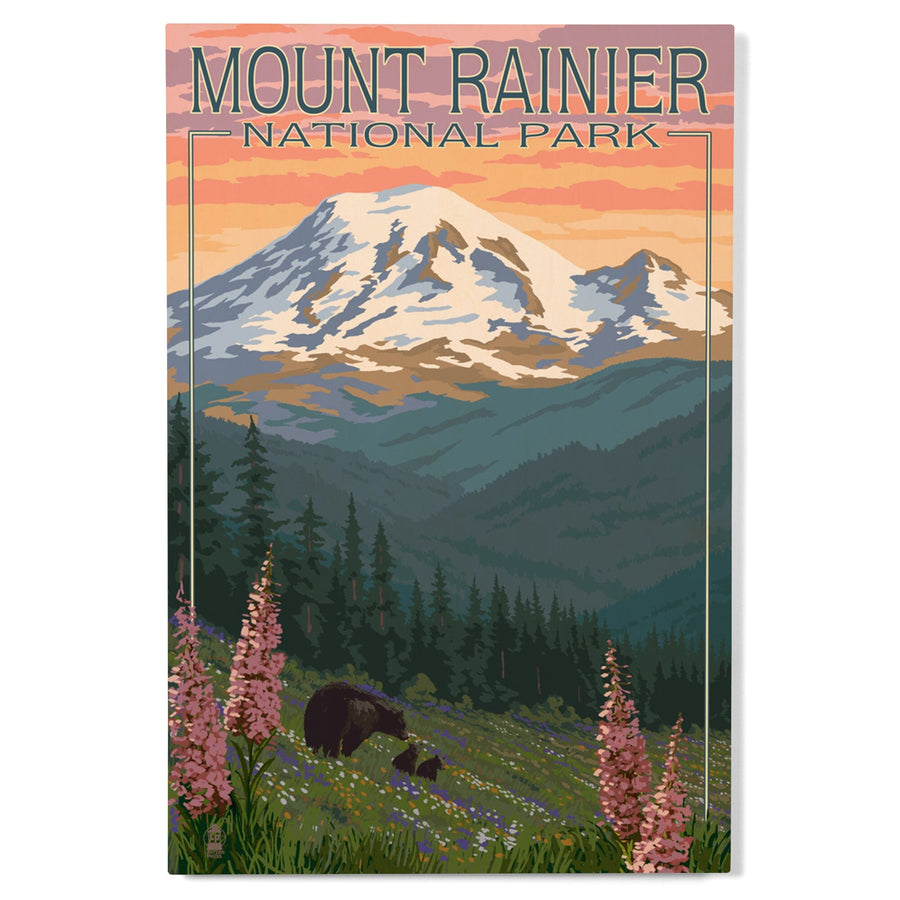 Mount Rainier National Park, Washington, Bear & Spring Flowers, Lantern Press Artwork, Wood Signs and Postcards Wood Lantern Press 