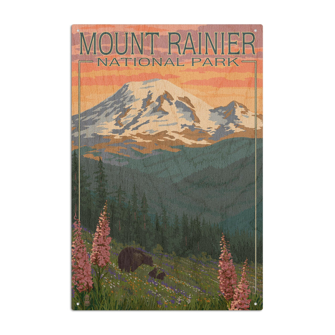 Mount Rainier National Park, Washington, Bear & Spring Flowers, Lantern Press Artwork, Wood Signs and Postcards Wood Lantern Press 6x9 Wood Sign 