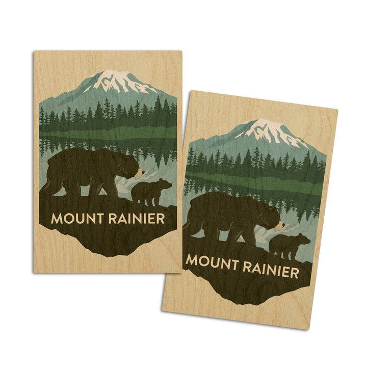 Mount Rainier National Park, Washington, Bears, Vector, Contour, Lantern Press Artwork, Wood Signs and Postcards Wood Lantern Press 4x6 Wood Postcard Set 