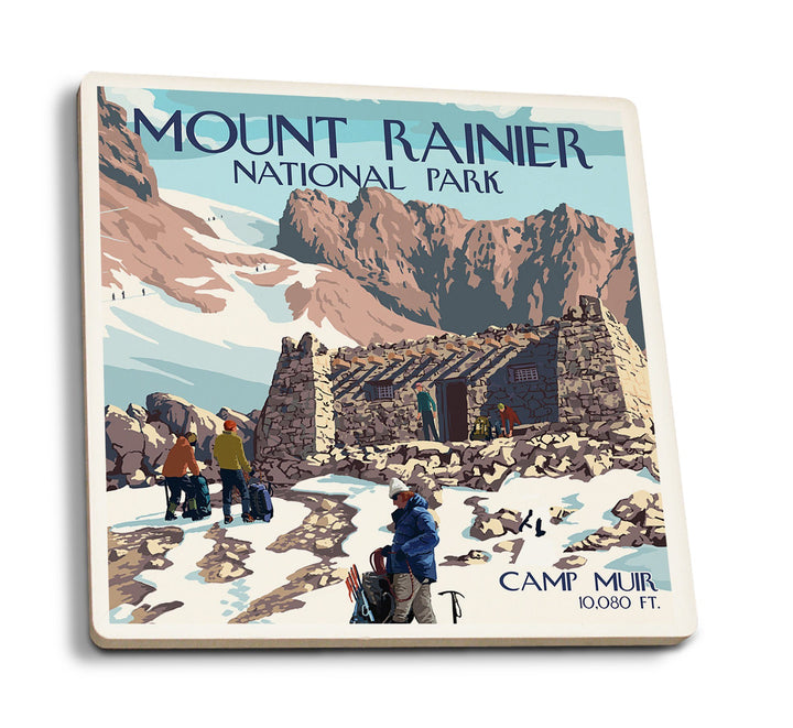Mount Rainier National Park, Washington, Camp Muir & Climbers, Lantern Press Artwork, Coaster Set Coasters Lantern Press 