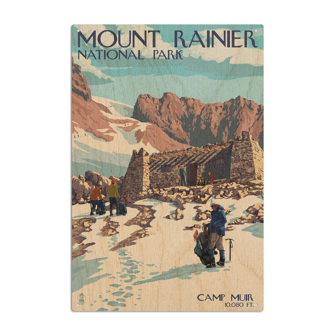 Mount Rainier National Park, Washington, Camp Muir & Climbers, Lantern Press Artwork, Wood Signs and Postcards Wood Lantern Press 10 x 15 Wood Sign 