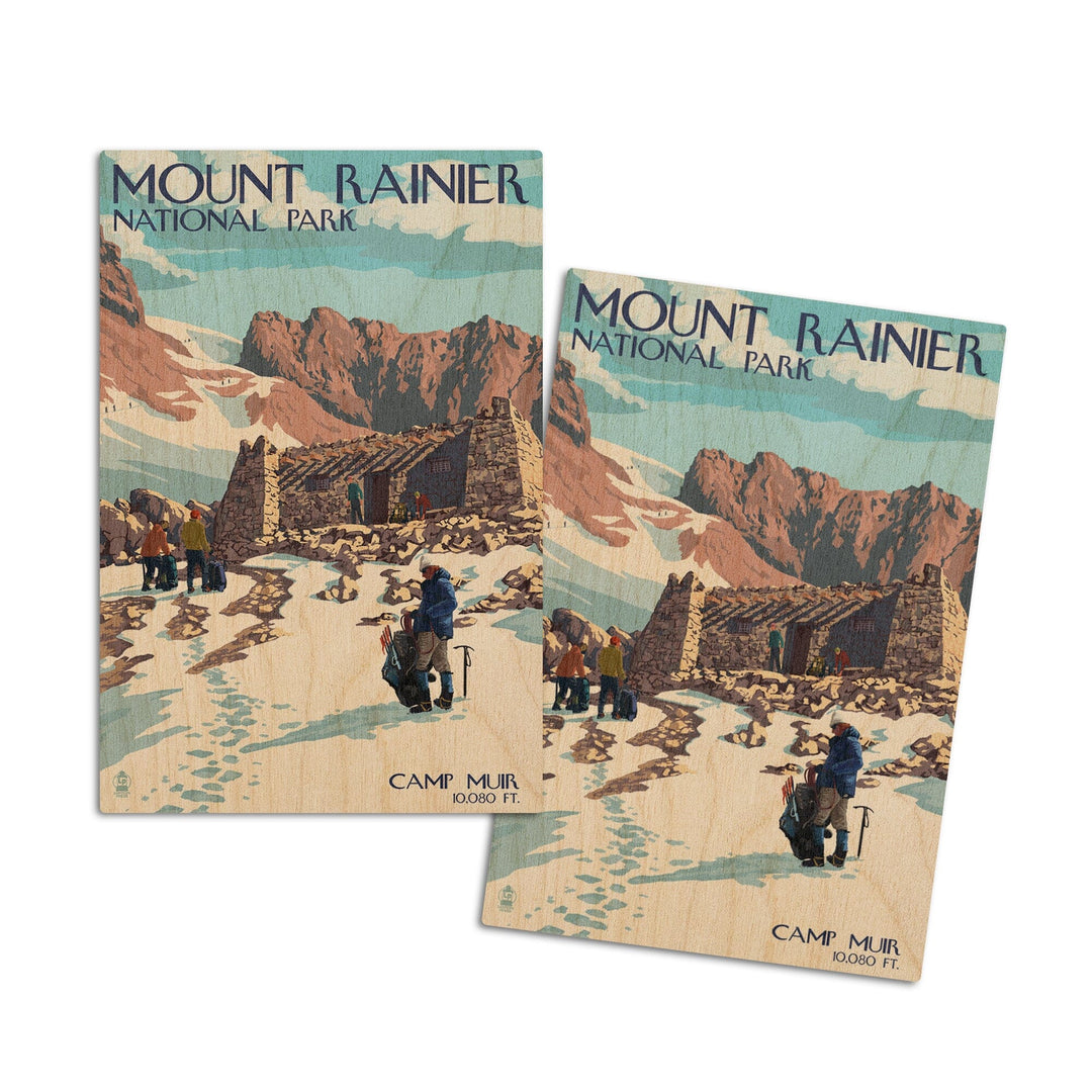 Mount Rainier National Park, Washington, Camp Muir & Climbers, Lantern Press Artwork, Wood Signs and Postcards Wood Lantern Press 4x6 Wood Postcard Set 