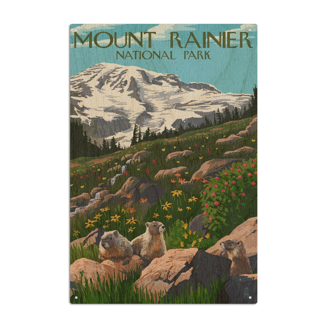 Mount Rainier National Park, Washington, Meadow & Marmots, Lantern Press Artwork, Wood Signs and Postcards Wood Lantern Press 10 x 15 Wood Sign 