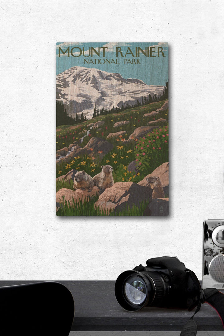 Mount Rainier National Park, Washington, Meadow & Marmots, Lantern Press Artwork, Wood Signs and Postcards Wood Lantern Press 12 x 18 Wood Gallery Print 