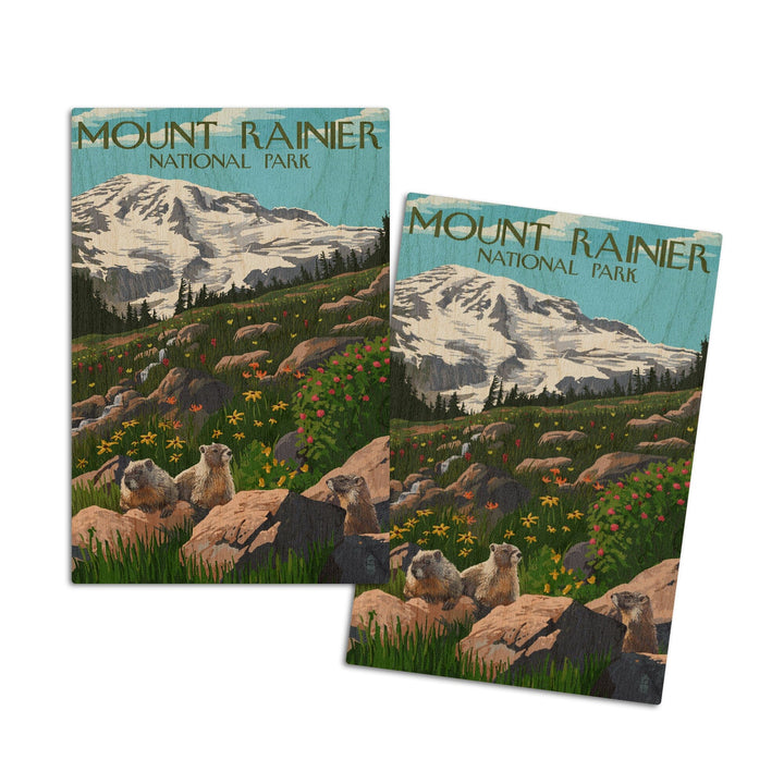 Mount Rainier National Park, Washington, Meadow & Marmots, Lantern Press Artwork, Wood Signs and Postcards Wood Lantern Press 4x6 Wood Postcard Set 