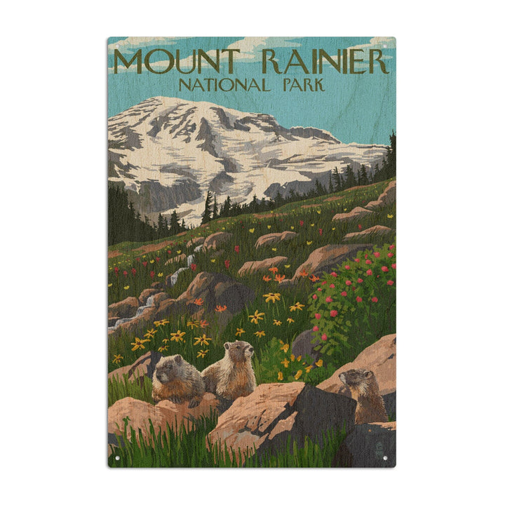 Mount Rainier National Park, Washington, Meadow & Marmots, Lantern Press Artwork, Wood Signs and Postcards Wood Lantern Press 6x9 Wood Sign 