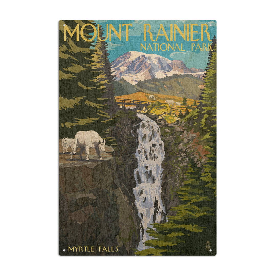 Mount Rainier National Park, Washington, Myrtle Falls & Mountain Goats, Lantern Press Artwork, Wood Signs and Postcards Wood Lantern Press 10 x 15 Wood Sign 
