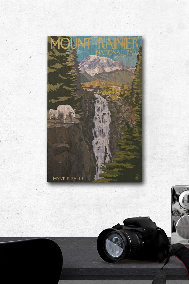 Mount Rainier National Park, Washington, Myrtle Falls & Mountain Goats, Lantern Press Artwork, Wood Signs and Postcards Wood Lantern Press 12 x 18 Wood Gallery Print 