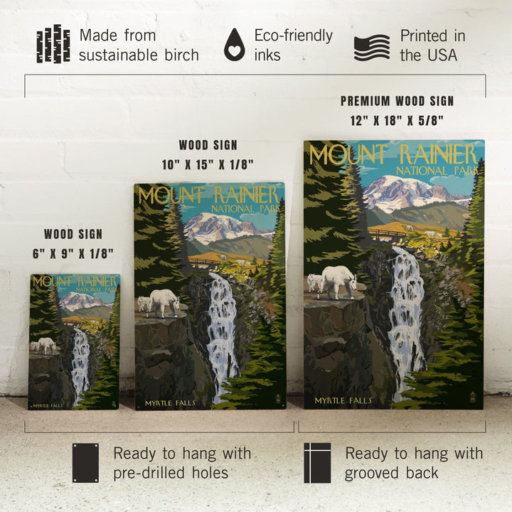 Mount Rainier National Park, Washington, Myrtle Falls & Mountain Goats, Lantern Press Artwork, Wood Signs and Postcards Wood Lantern Press 