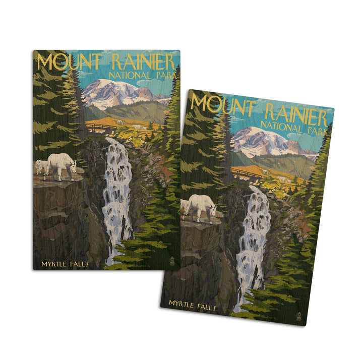 Mount Rainier National Park, Washington, Myrtle Falls & Mountain Goats, Lantern Press Artwork, Wood Signs and Postcards Wood Lantern Press 4x6 Wood Postcard Set 