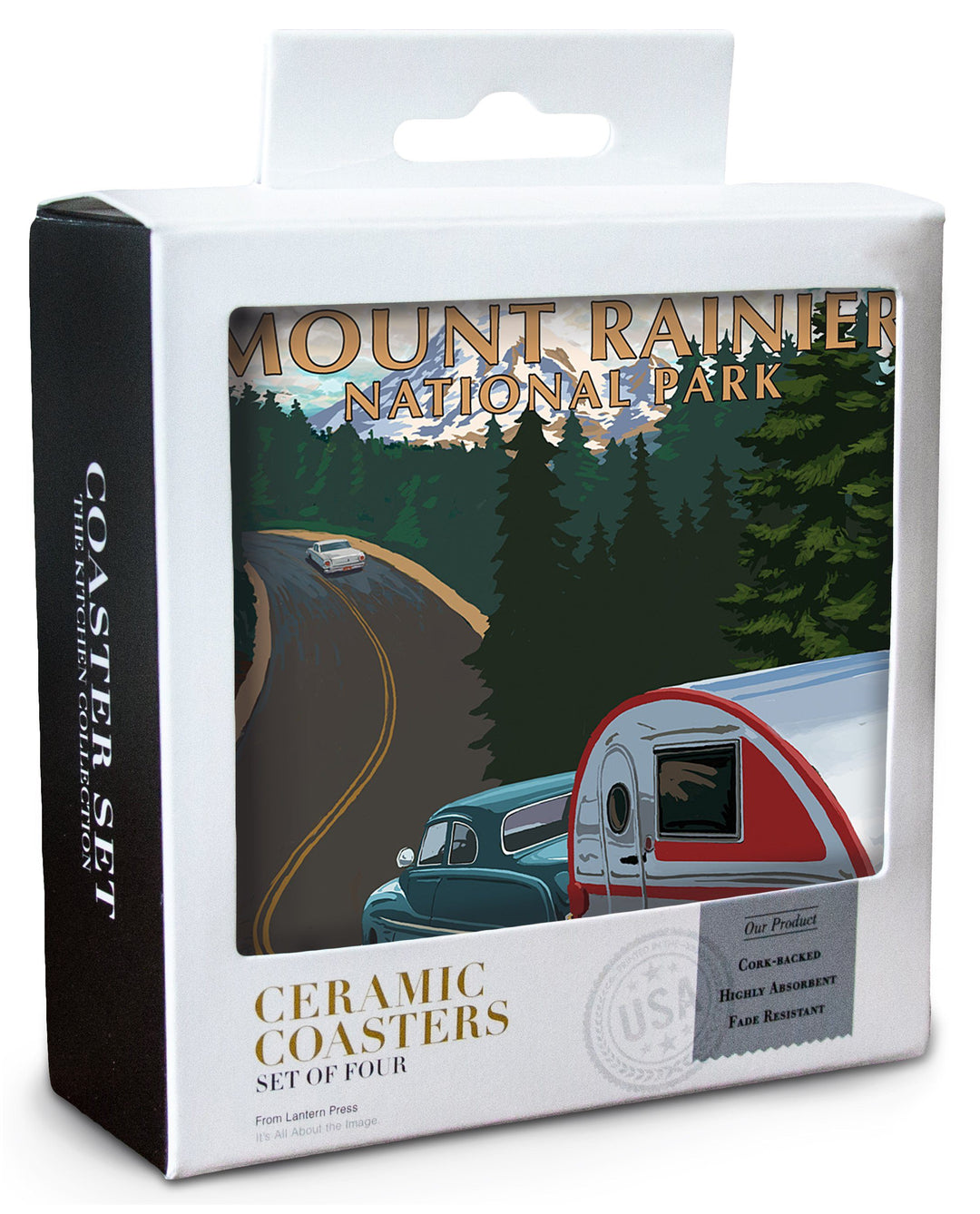 Mount Rainier National Park, Washington, Retro Camper on Road, Lantern Press Artwork, Coaster Set Coasters Lantern Press 