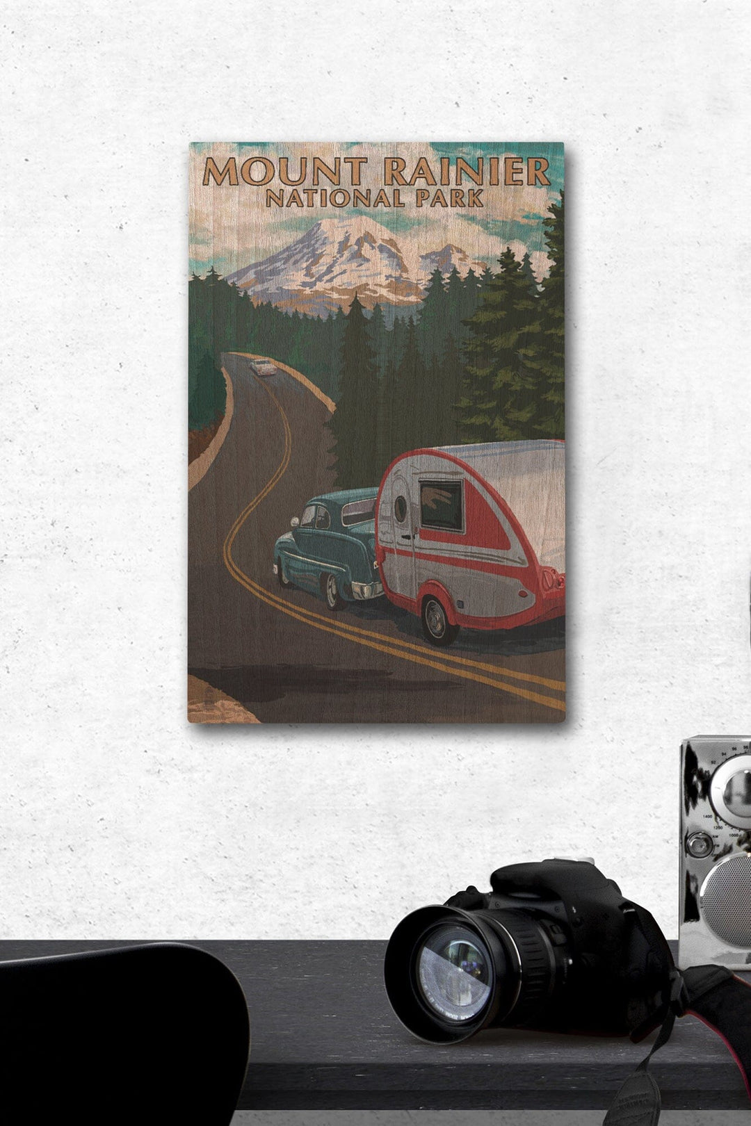 Mount Rainier National Park, Washington, Retro Camper on Road, Lantern Press Artwork, Wood Signs and Postcards Wood Lantern Press 12 x 18 Wood Gallery Print 